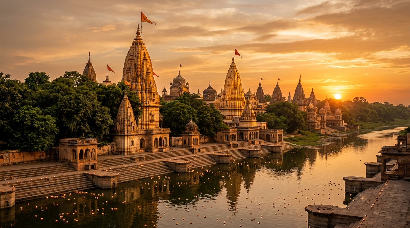 Golden sunrise over Sri Dham Vrindavan temples