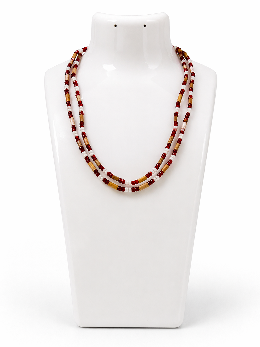 Red & White Beaded Tulsi Style Mala – Double Layer Devotional Necklace