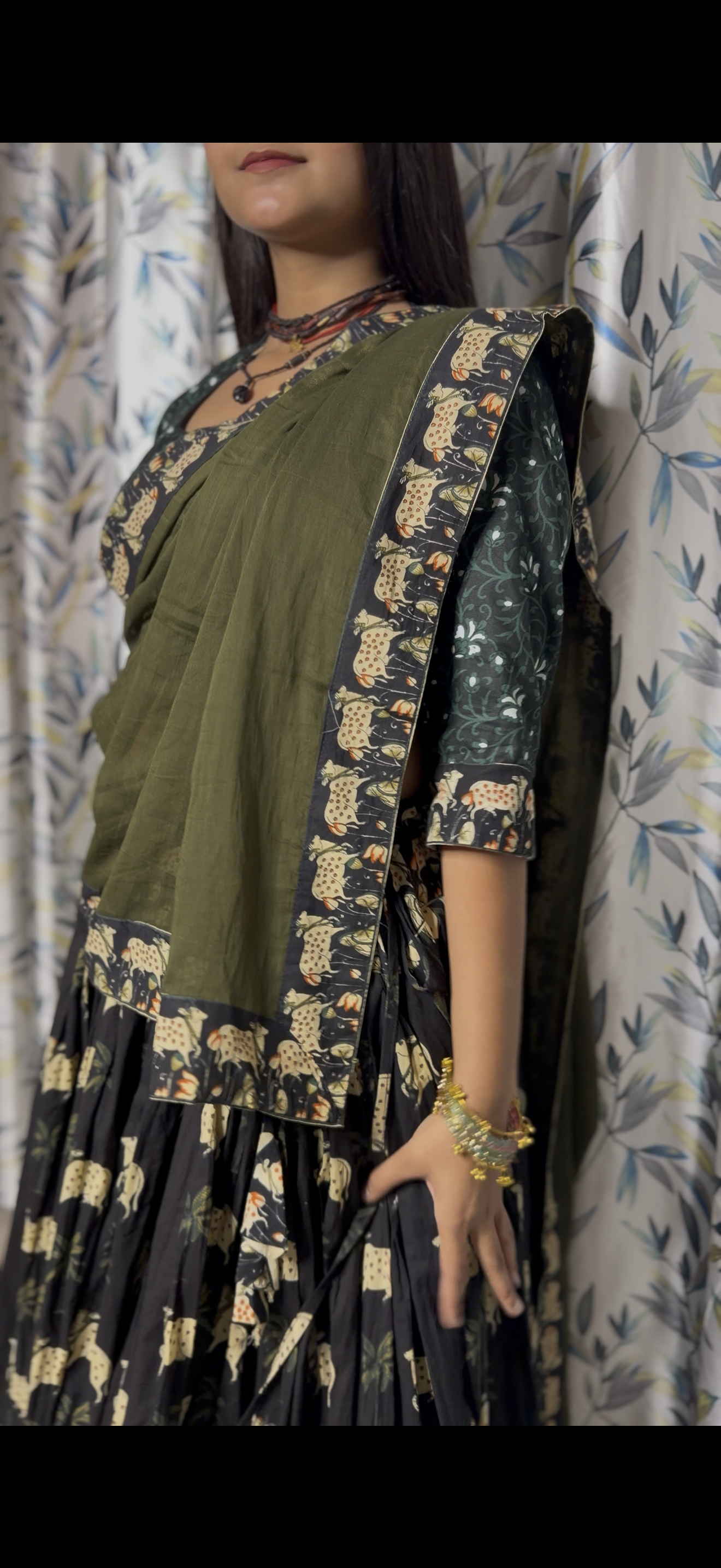 Olive Green Printed Gopi Dress with Dupatta – Elegant Ethnic Wear