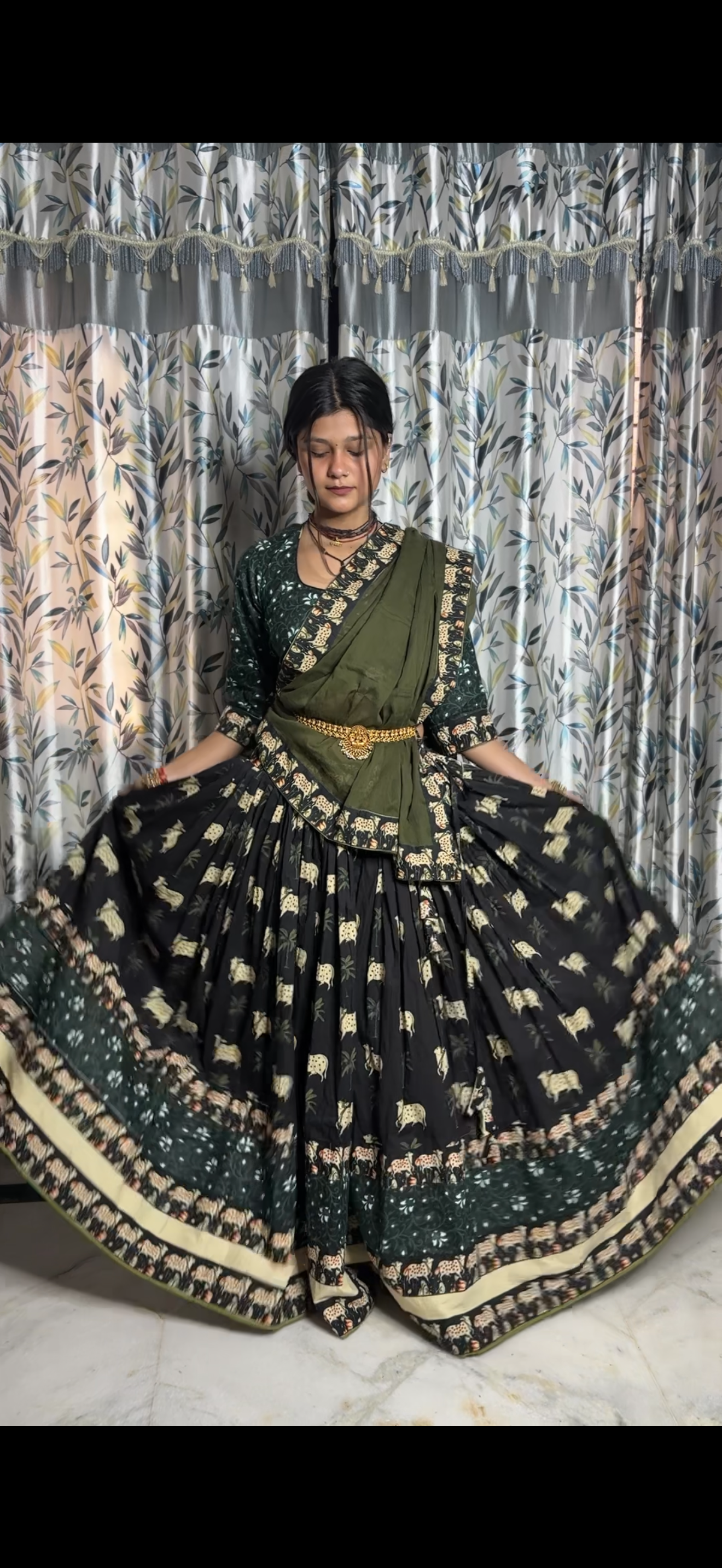 Olive Green Printed Gopi Dress with Dupatta – Elegant Ethnic Wear