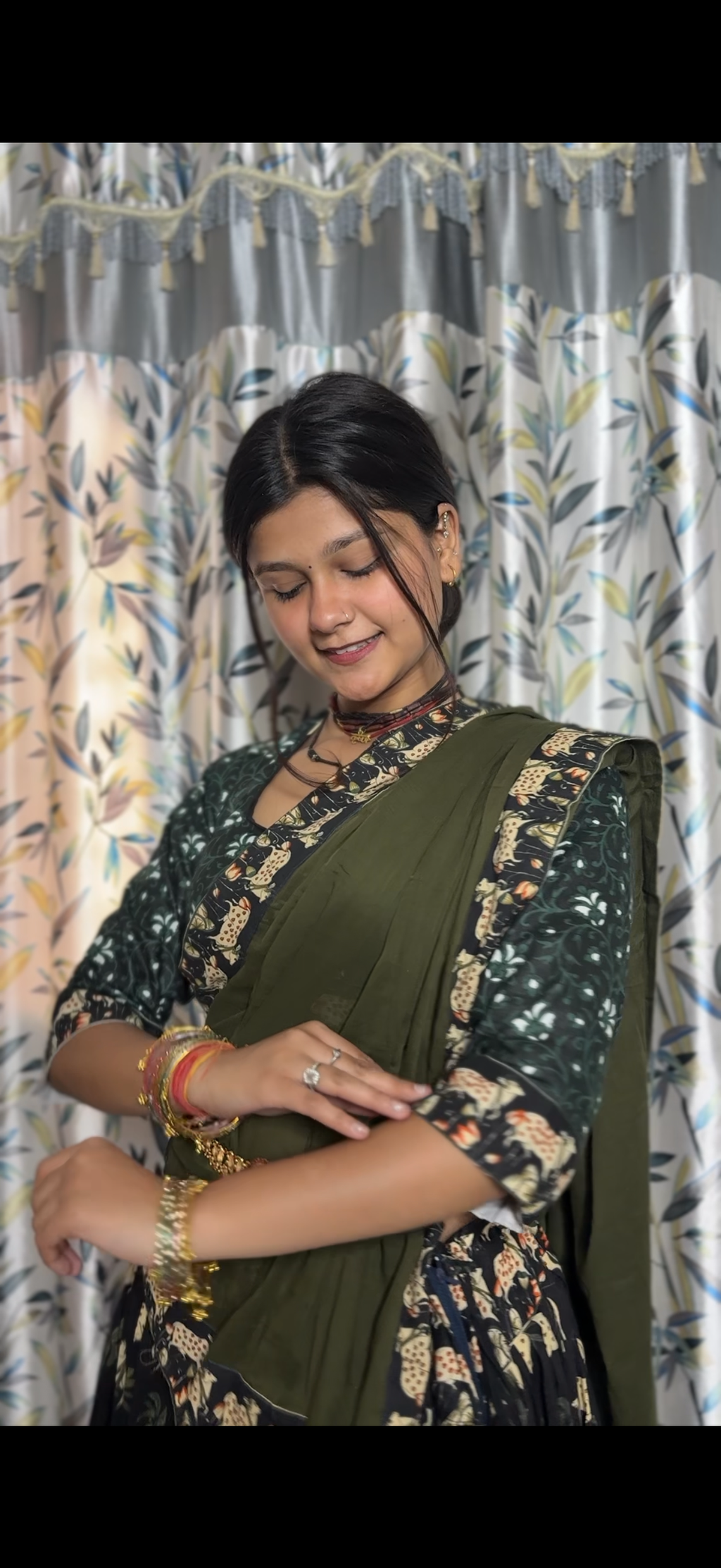 Olive Green Printed Gopi Dress with Dupatta – Elegant Ethnic Wear
