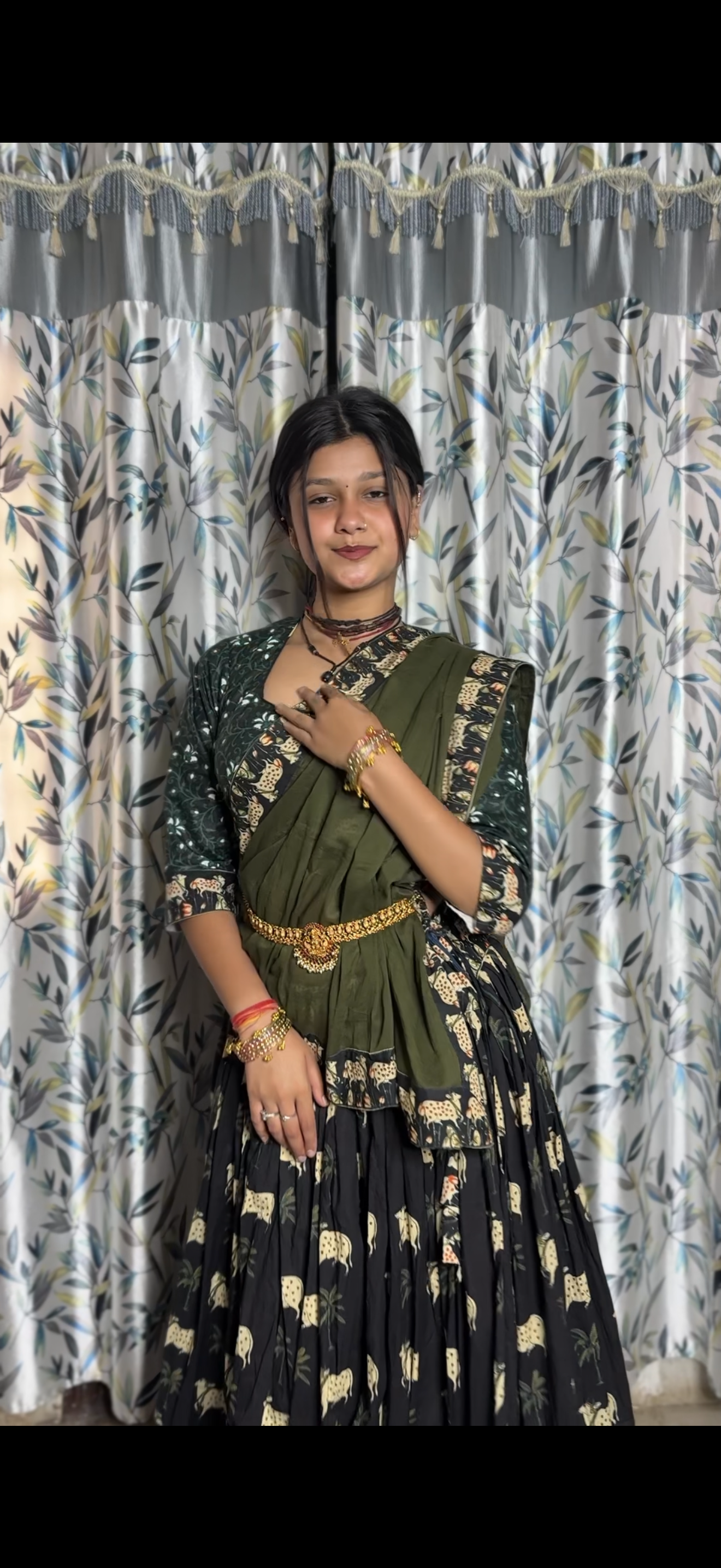 Olive Green Printed Gopi Dress with Dupatta – Elegant Ethnic Wear